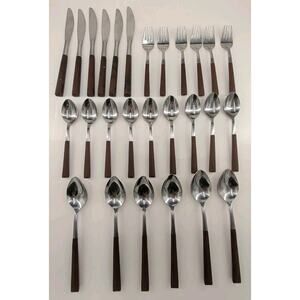 Vtg 27 Pieces of Woodwind Flatware MCM Stainless Steel Japan Spoon Fork Knife